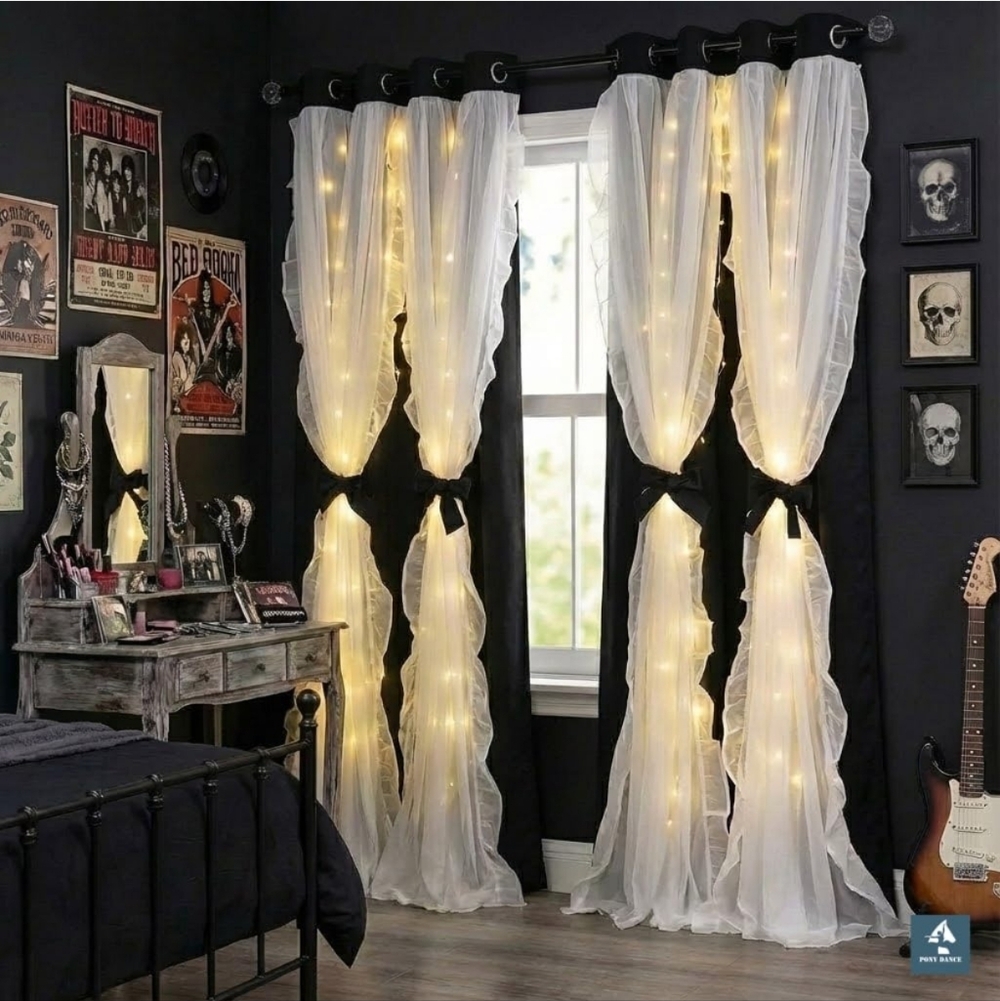 Sheer White Curtain Panels with Warm LED Lights - Home Accents